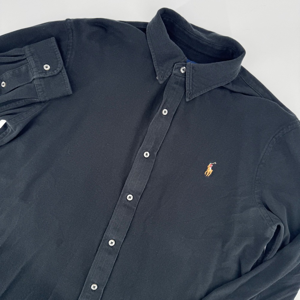 Ralph Lauren Men Knit Oxford Shirt Black Long Sleeve Button Down Large Pony Logo